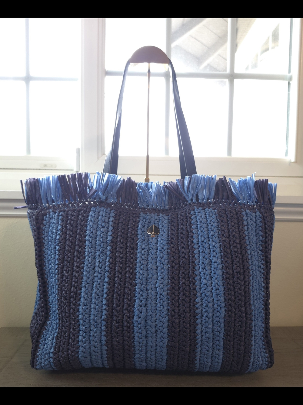 Kate Spade blue striped crochet fringe tote